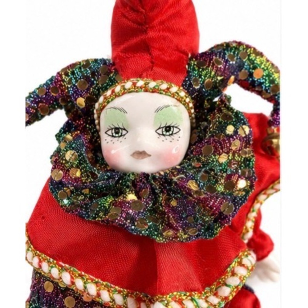 Vintage Porcelain Harlequin Jester Doll Red Sequin Hand Painted 6.5 Inch